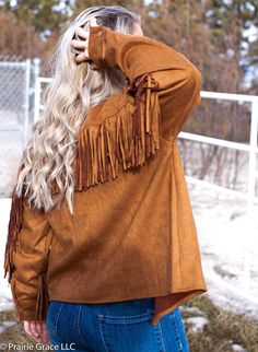 We live for FRINGE! this jacket is so soft and comfortable. && its ready to be dressed up or down!! 100% Polyester Fringe Long Sleeve Outerwear For Winter, Brown Fringe Outerwear For Winter, Brown Long-sleeve Fringe Outerwear, Long Sleeve Fringe Outerwear For Spring, Spring Long Sleeve Fringe Outerwear, Trendy Winter Outerwear With Fringe, Brown Fringe Outerwear For Spring, Brown Fringe Tops For Fall, Brown Fringe Top For Fall