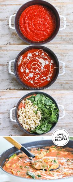 the steps to make pasta in a skillet with tomato sauce and spinach leaves