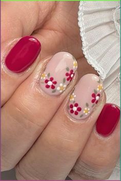 Spring Gel Nails Designs, Flowered Nails Designs, Minimalist Flower Nails, Flowers On Nails Simple, How To Paint Flowers On Nails, Red Flower Nail Designs, Short Floral Nails, Flowers Nails Design, Flower Nails Simple