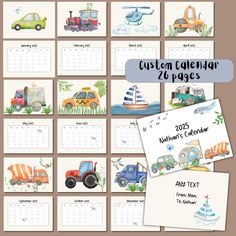 a calendar with cars and trucks on it for children's birthdays, as well as