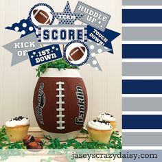 a football cake topper with cupcakes in front of it