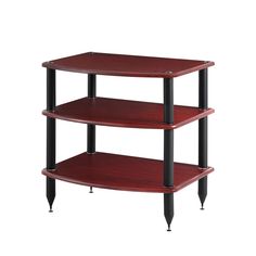 three tiered shelving unit with black legs and cherry wood finish, on an isolated white background