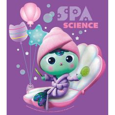 an animal with a pink hat is flying on a purple background and has the words spa science above it