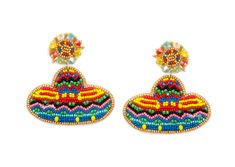 "Sombrero Hat Earring * 1 pair * Size: approx. 2.25\" * Push Back * Seed Beads Need more, Convo me." Traditional Multicolor Party Hats, Multicolor Beaded Short Brim Hat, Multicolor Beaded Party Hats, Multicolor Beaded Beach Hat, Multicolor Novelty Earrings For Summer, Mexican Seed Bead Earrings, Novelty Multicolor Summer Earrings, Summer Novelty Multicolor Earrings, Summer Multicolor Novelty Earrings