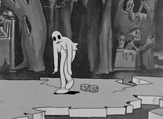 a cartoon character standing in the middle of a room with lots of bones on it