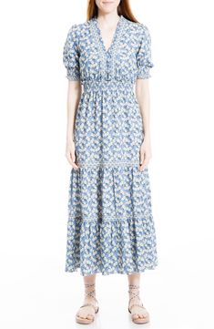 Vivacious floral printing decorates a short puffed sleeve dress with a V-neckline for a sophisticated, en vogue style. 54 1/2" length (size S) V-neck Short sleeves 96% polyester, 4% spandex Machine wash, tumble dry Imported Model stats: 5'10" height, 32" bust, 25" waist, 36" hip. Model is wearing size S. Cute Maxi Dress, Max Studio Dress, Ruched Maxi Dress, Long Blue Dress, Dusty Rose Dress, Maxi Tank Dress, Max Studio, Striped Maxi Dresses, Puffed Sleeves Dress