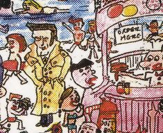 a drawing of a man in a trench coat surrounded by other people and an ice cream stand