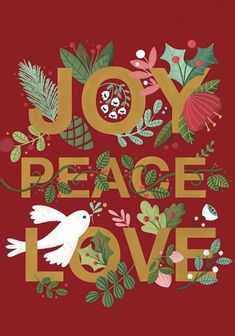 the words joy, peace and love are surrounded by leaves and berries on a red background