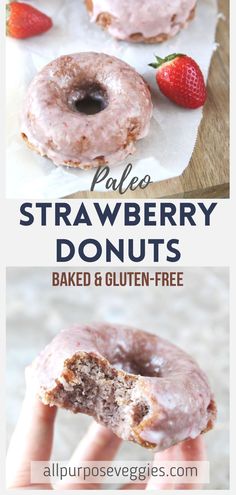 there are two donuts with glaze and strawberries on the top one has a bite taken out