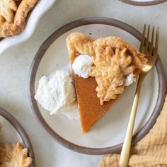 there is a piece of pie on the plate with whipped cream and other desserts