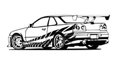 a black and white drawing of a car with wheels on it's rims