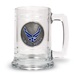 a glass mug with an air force emblem on the front and bottom, is shown