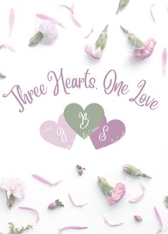 there are two hearts one love and the other is surrounded by pink flowers on a white background