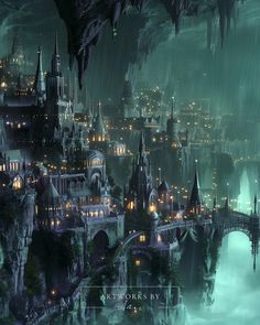 an image of a fantasy city at night