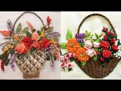 two baskets with flowers on them sitting next to each other