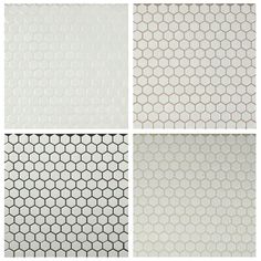 four different types of hexagonal tiles in white and grey colors, each with an interesting pattern