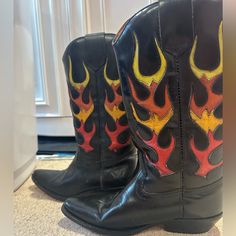 Vintage Cowboy Boots With Multicolor Flames Brand: Andr Assous Perfect Condition - Open To Offers Real Leather #Cowboyboots #Boots #Fire #Flames Andre Assous Boots, Fire Flames, Vintage Cowboy Boots, Vintage Cowboy, Vintage Boots, Real Leather, Cowboy Boots, Black Red, Cowboy