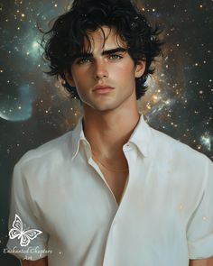 a painting of a young man wearing a white shirt with stars in the sky behind him