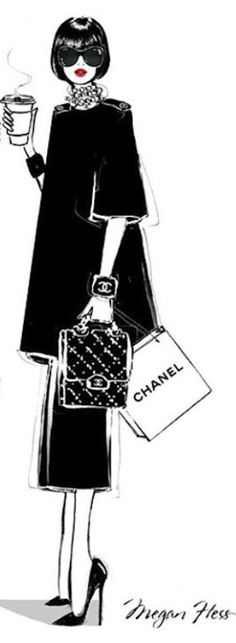 a black and white drawing of a woman holding a cup of coffee with the words chanel on it