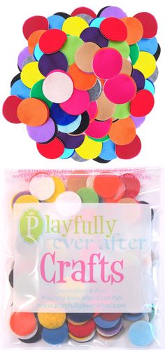 colorful confetti covered in plastic bags with the words playful ever after crafts on it