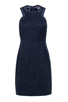 Current Boutique-Rebecca Taylor - Navy Lace Sheath Dress w/ Lattice Trim Sz 4 Elegant Lace Dress With Fitted Bodice For Date Night, Sheath Lace Dress With Lace Trim For Date Night, Knee-length Scalloped Lace Dress For Date Night, Scalloped Lace Knee-length Dress For Date Night, Date Night Sheath Lace Dress With Lace Trim, Elegant Lace Dress With Scalloped Lace For Date Night, Chic Fitted Dress With Lace Trim, Cocktail Dresses With Scalloped Lace, Lace Trim Dress For Night Out