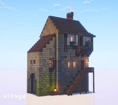 a house made out of bricks with windows and stairs leading up to the second floor