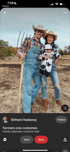 two people in overalls and cowboy hats posing for a photo on an instagram