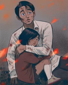 a drawing of a man holding a woman in his lap with fire coming out of the background