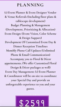 a purple flyer with the words event planning on it