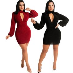 Cut Out O Neck Long Sleeve Party Dress Fitted Winter Bodycon Dress For Party, Winter Party Bodycon Dress, Solid Color Mini Dress For Spring Party, Elegant Party Mini Dress, Knee-length Bodycon Dress For Fall Party, Stretch Bodycon Dress For Winter Party, Long Sleeve Mini Dress For Spring Holiday Party, Mini Length Party Dresses, Winter Party Bodycon Dress With Stretch