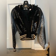 Never Worn Size S Bomber Jacket-Made In Italy Luxury Black Cropped Jacket For Winter, Black Luxury Cropped Jacket For Winter, Luxury Long Sleeve Cropped Jacket For Winter, Luxury Long Sleeve Cropped Jacket For Fall, Stage Outfit, Sequin Jacket, Bomber Jackets, Stage Outfits, Sequin