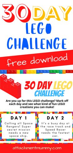 an advertisement for the lego challenge is shown in red, white and blue with text reading 30 day lego challenge