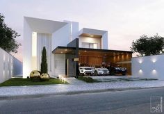 two cars are parked in front of a modern house with white walls and columns on the outside