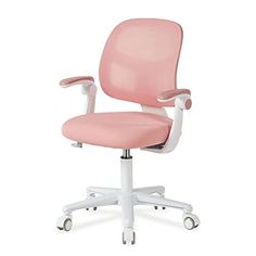 a pink office chair with wheels on an isolated white background