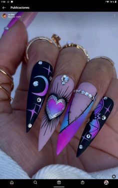 Fancy Almond Nails Edgy Fall Nails Acrylic, Purple Rhinestone Nail Designs, Witchy Nails Coffin, Crazy Nail Ideas, Purple Acrylic Nails Designs, Punk Nail Designs, Dope Nail Designs Purple, Purple Goth Nails, Crazy Nails Ideas