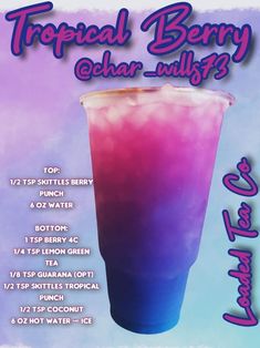 a purple and blue drink in a plastic cup with the words tropical berry on it