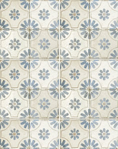 a blue and white tile pattern with flowers on the bottom, in different sizes and colors