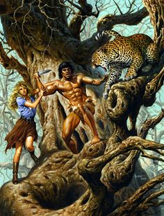 a man and woman standing in front of a tree with a leopard on its back