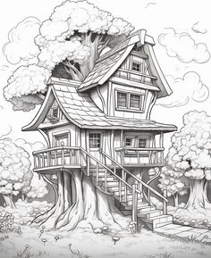 a drawing of a tree house with stairs leading up to the roof and trees around it