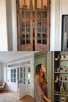 a woman standing in front of a door with shelves full of bottles and jars on it