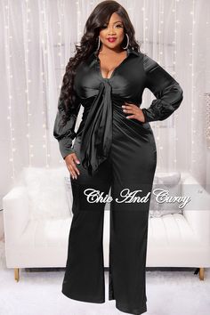 Polyester% 97 Spandex% 3 Model is wearing a 2x Winter Wedding Guest Outfit Plus Size, Satin Blazer Outfits, Black Jumpsuit Plus Size, Black Plus Size Outfits, Black Wedding Guest Outfits, All Black Outfit For Work, Button Up Jumpsuit, Black Dress Outfit Party, Black Jumpsuit Outfit