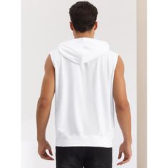 You can wear a sleeveless hoodie over a t-shirt for a casual and laid-back look. A sleeveless hoodie makes good workout clothing, allowing for unrestricted arm movement during exercise. Pair a hoodie vest with shorts, jeans, and casual trousers to create a different look. The hoodie vest is suitable for sports, camping, travel, and daily wear. Hooded Vest Top For Streetwear, Hooded Casual Vest For Streetwear, Casual Hooded Streetwear Vest, Hooded Athleisure Tops For Leisure, Cotton Leisure Hoodie, Casual Cotton Hoodie For Gym, Sporty Hooded Tops For Leisure, White Sleeveless Tank Top For Leisure, Leisure Hoodie With Drawstring Hood