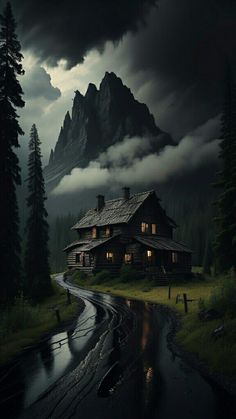 a house in the middle of a forest with mountains and clouds above it at night