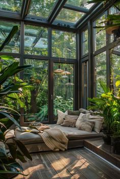 a living room filled with lots of green plants and large glass windows on the wall