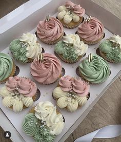 Cupcakes with pink, soft green and cream colored icing swirled to look like roses and shells Bridal Shower Cupcake Designs, Aesthetic Cupcakes Decoration, Sage Green And Dusty Rose Cupcakes, Pink And Green Cupcake Ideas, Boho Cupcakes Ideas, Spring Wedding Cupcakes Ideas, Sage Green And Pink Cupcakes