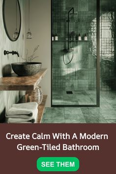 Modern bathroom with green tiles, round mirror, and a glass shower enclosure. Minimalist Details