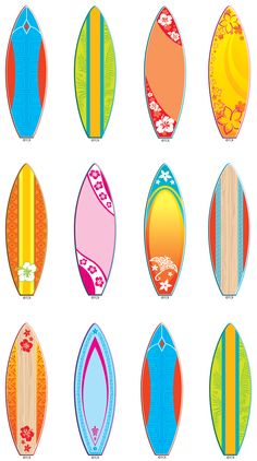 six surfboards with different designs on them