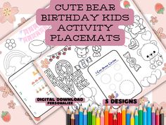 cute bear birthday kids activity placemats with colored pencils