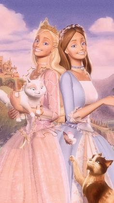 two girls in princess dresses holding cats and a cat looking at them from the other side