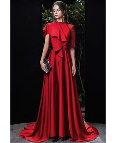 Buy noble ruffled long red satin evening formal dress with train sequined high neck at wholesale price online. Free shipping and pro custom service since 2009. Floor-length Ruffled Evening Dress For Banquet, Floor-length Satin Dress With Sweep Train For Banquet, Floor-length Satin Dress For Banquet, Red Ruffled Gown For Banquet, Red Floor-length Satin Wedding Dress, Satin Gown For Banquet And Gala Occasions, Satin Gown For Banquet And Gala, Satin Gown For Gala Banquet, Satin Ruffle Evening Dress For Prom